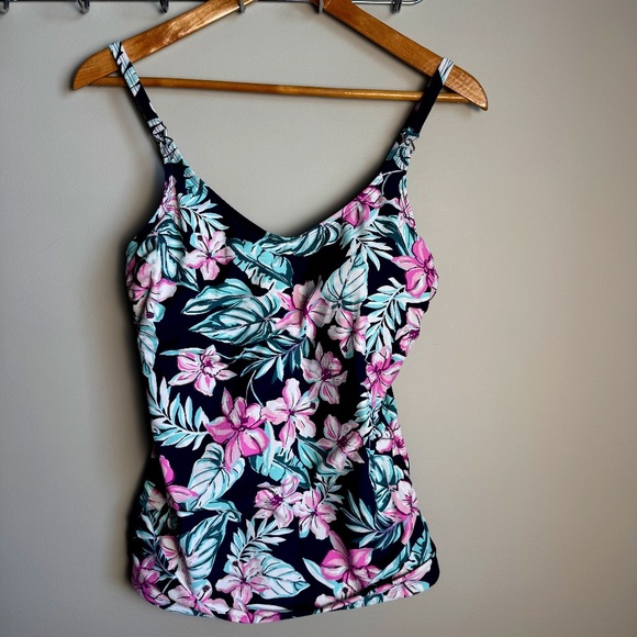 Krista Women's Large Dark Floral Tankini Swim‎ Top Spaghetti Straps Multicolor - Picture 1 of 15